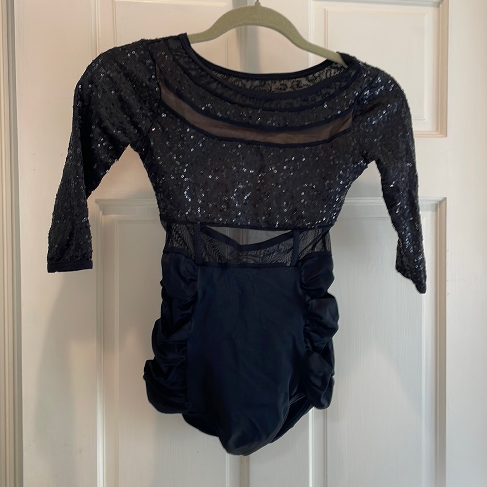 Long sleeve black sequined dance leotard costume